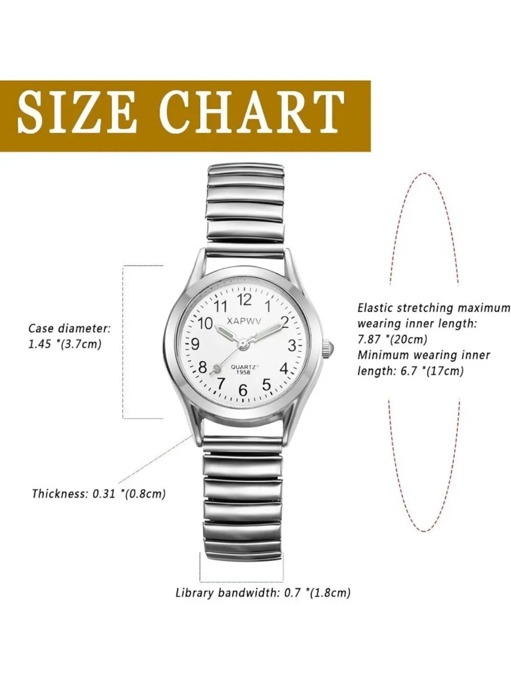 Women's Silver Analog Quartz Luminous Easy Reader Stretch Band Round Wrist Watch